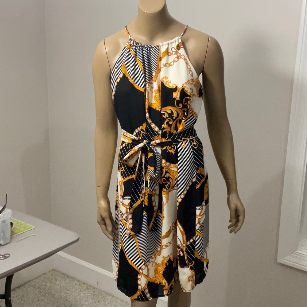 fab'rik Black, White & Gold Halter Tie-Waist Mini Dress